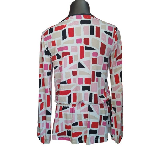 ELLEN TRACY Womens S Multi Abstract Geometric Print Cinched Waist Keyhole Top - Picture 2 of 4